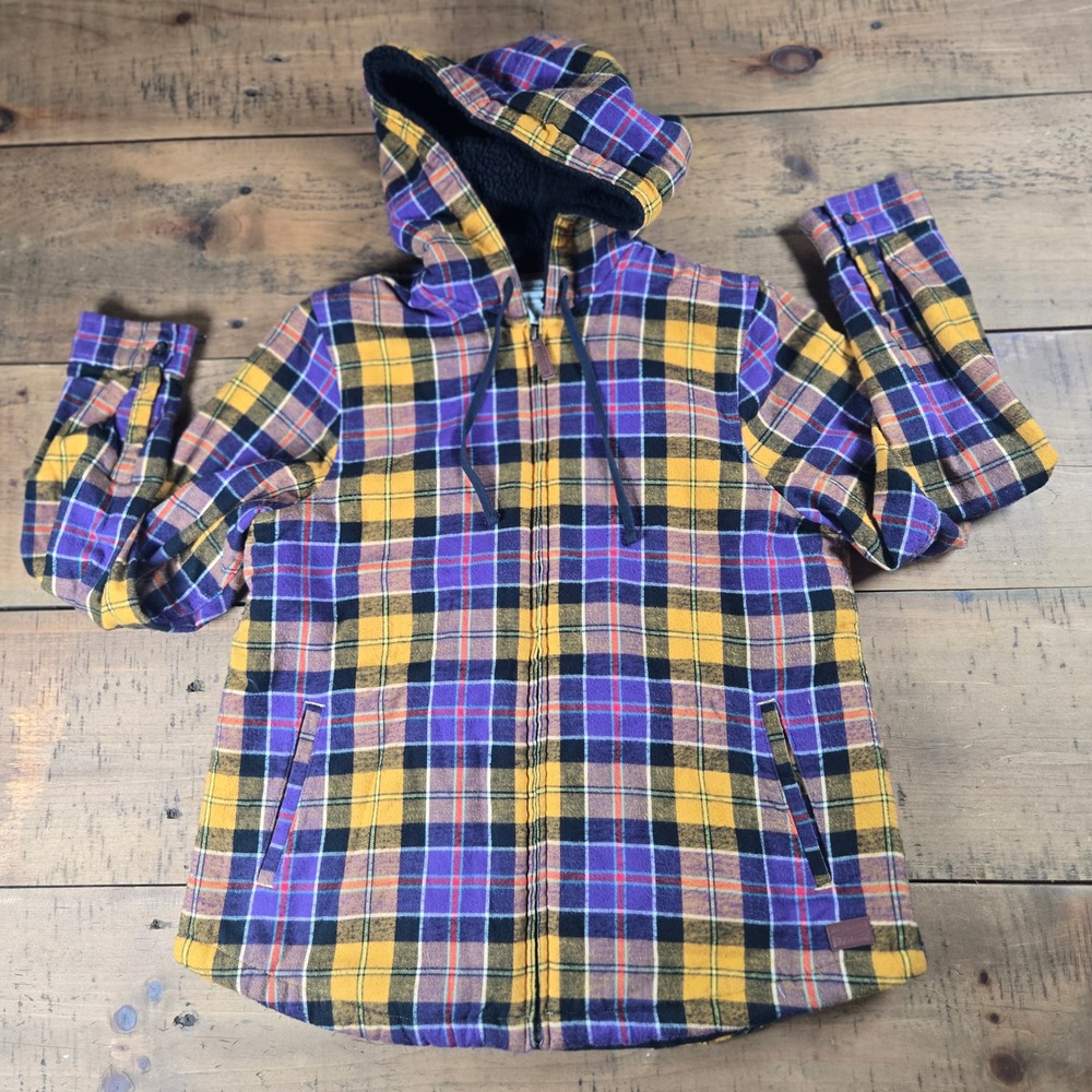 LL Bean Relaxed Fit Sherpa Lined Flannel Hoodie Purple Gold Plaid 505453 Small